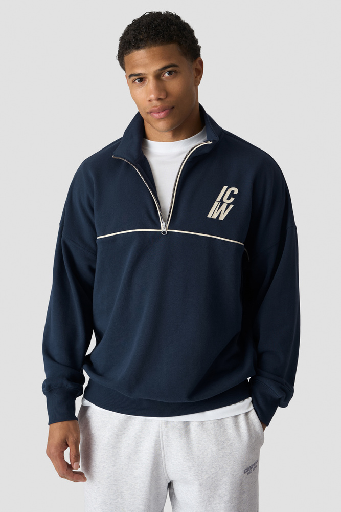 Everyday Terry Relaxed 1/4 Zip Piping Sweatshirt M Midnight Blue
