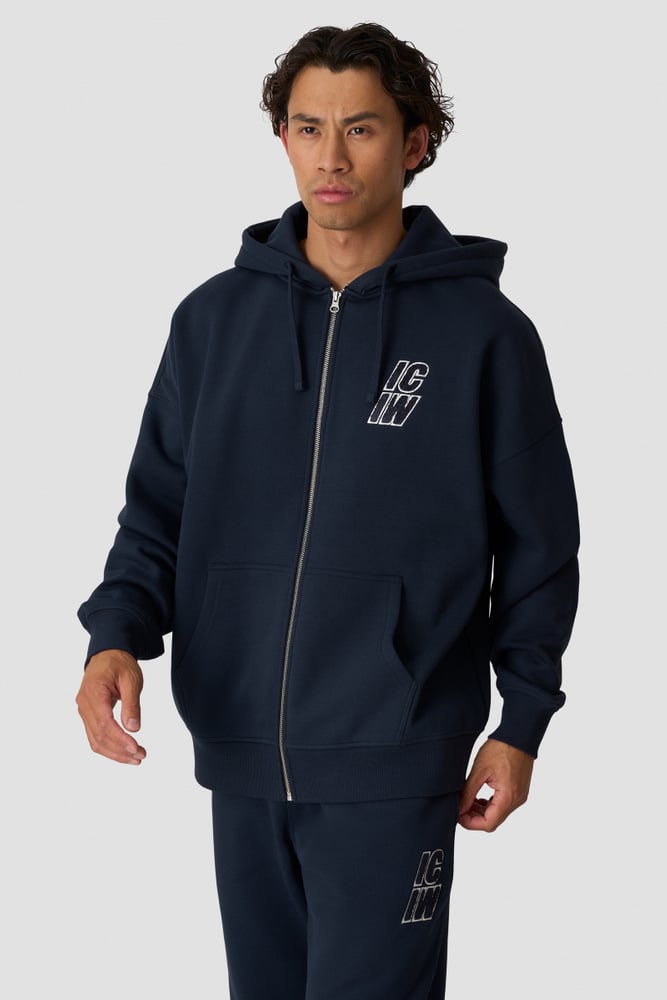 Everyday Relaxed Zip Hoodie Terry Print Midnight Blue